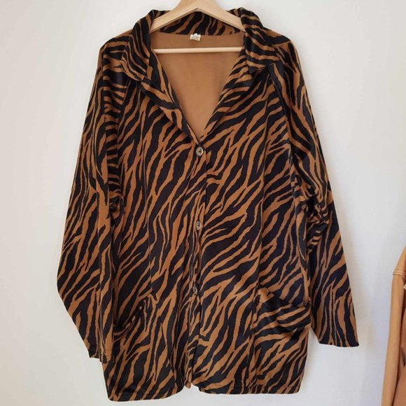 Jackets & Blazers - Vintage Velvet Fluffly Tiger Animal Print Coat Womens Jacket XL XXL